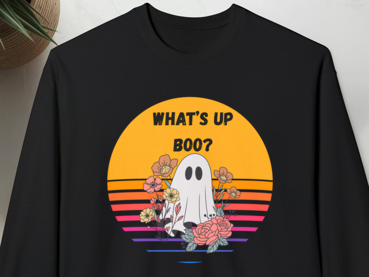 👻 What’s Up Boo Ghost Sweatshirt – Cozy Retro Halloween Crewneck, Cute Spooky Floral Pullover, Fall Aesthetic Sweatshirt 👻