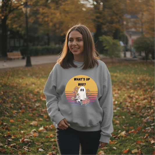 π» Whatβs Up Boo Ghost Sweatshirt β Cozy Retro Halloween Crewneck, Cute Spooky Floral Pullover, Fall Aesthetic Sweatshirt π»