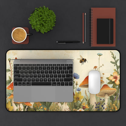 Vintage Mushroom Meadow Desk Mat | Cottagecore Floral Fungi Mousepad for Laptop, Keyboard or Creative Workspace
