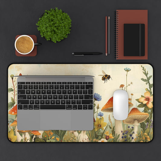 Vintage Mushroom Meadow Desk Mat | Cottagecore Floral Fungi Mousepad for Laptop, Keyboard or Creative Workspace