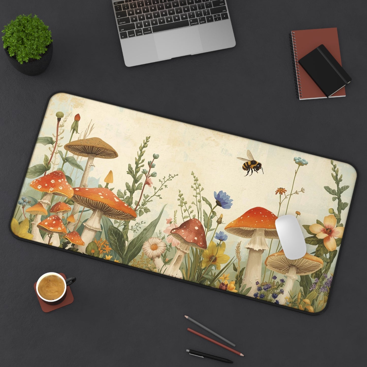 Vintage Mushroom Meadow Desk Mat | Cottagecore Floral Fungi Mousepad for Laptop, Keyboard or Creative Workspace