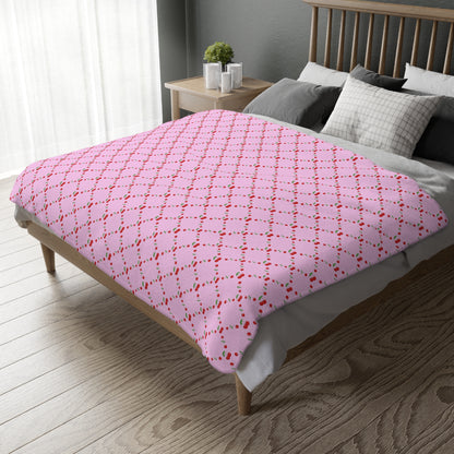 🍒 Pink Cherry Lattice Velveteen Blanket- Cute Cottagecore Throw for Couch, Bed or Cozy Nights 🍒