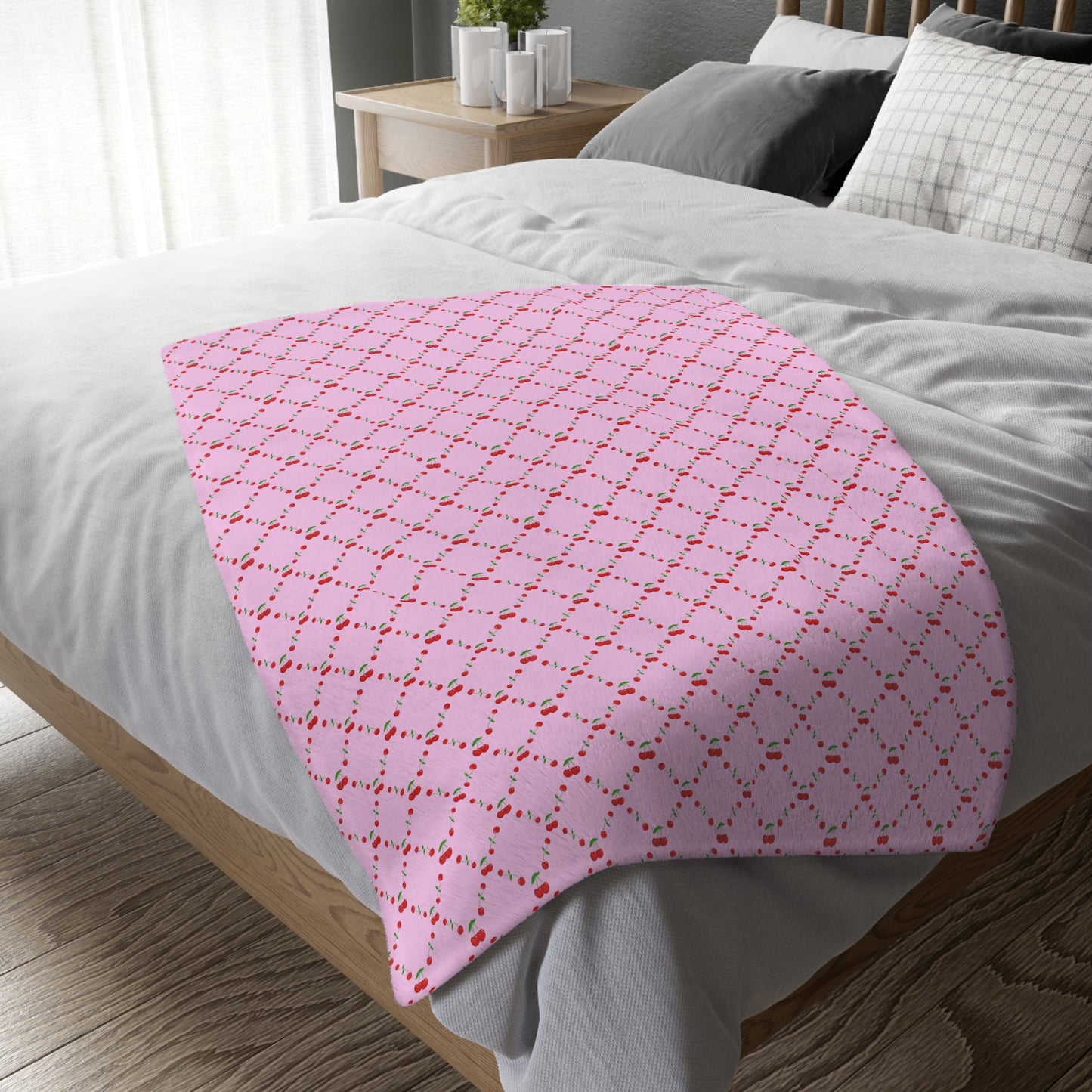 🍒 Pink Cherry Lattice Velveteen Blanket- Cute Cottagecore Throw for Couch, Bed or Cozy Nights 🍒