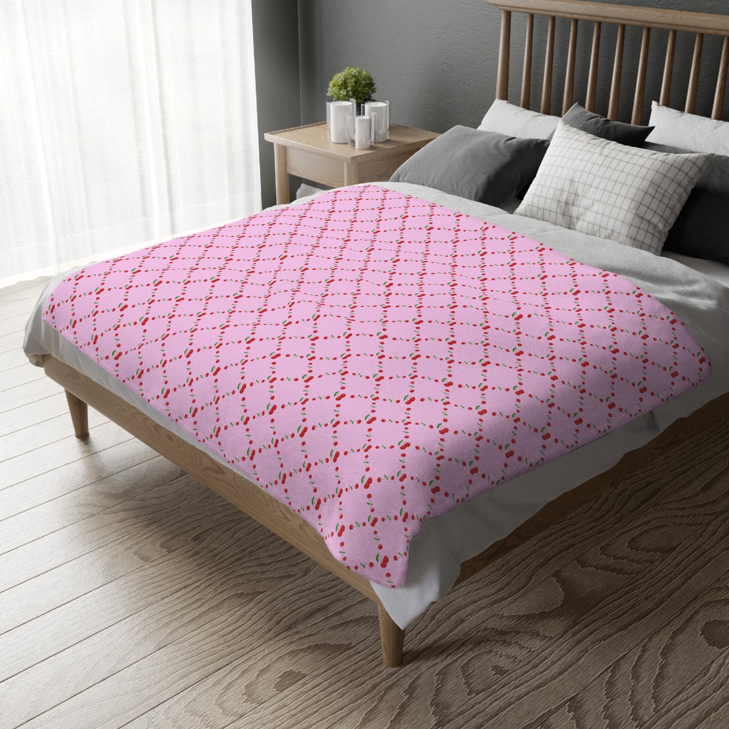 🍒 Pink Cherry Lattice Velveteen Blanket- Cute Cottagecore Throw for Couch, Bed or Cozy Nights 🍒
