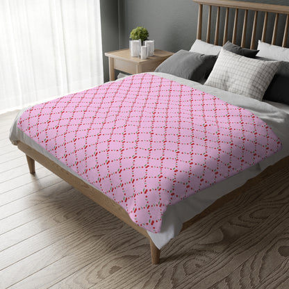 🍒 Pink Cherry Lattice Velveteen Blanket- Cute Cottagecore Throw for Couch, Bed or Cozy Nights 🍒