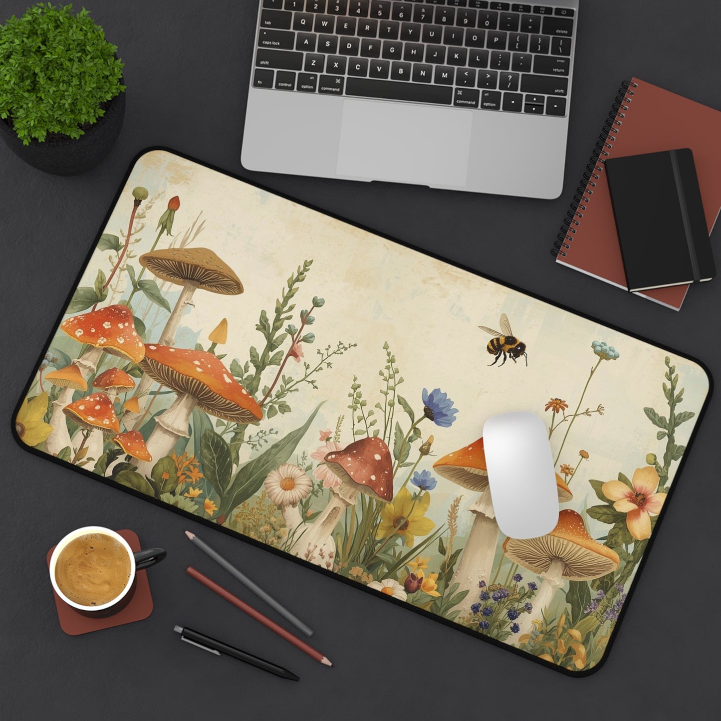 Vintage Mushroom Meadow Desk Mat | Cottagecore Floral Fungi Mousepad for Laptop, Keyboard or Creative Workspace