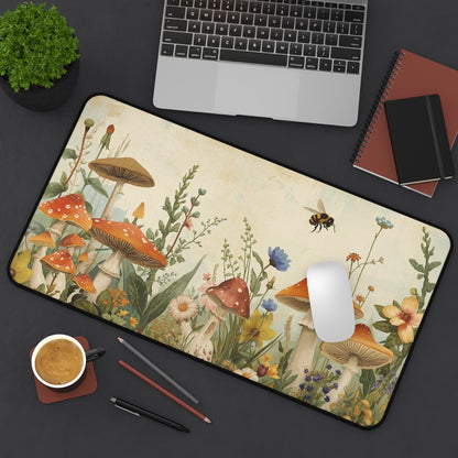 Vintage Mushroom Meadow Desk Mat | Cottagecore Floral Fungi Mousepad for Laptop, Keyboard or Creative Workspace