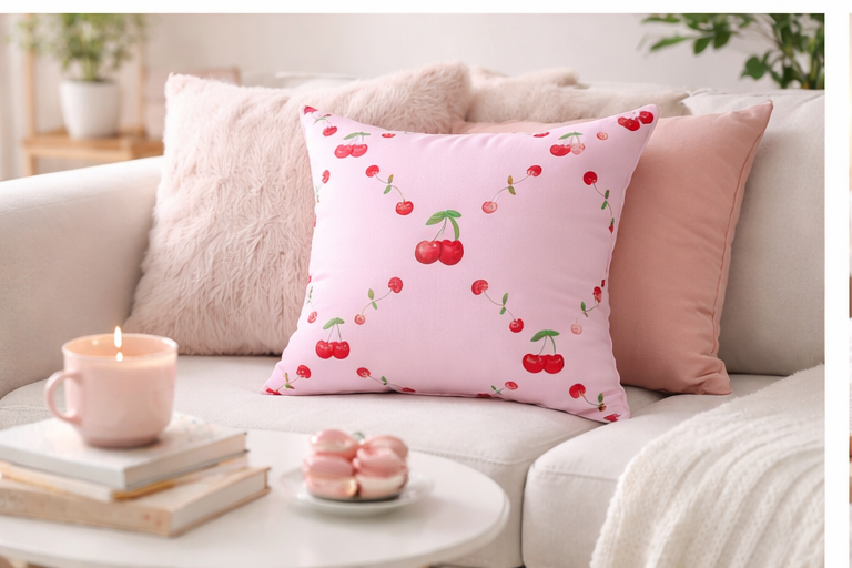 🍒 Pink Cherry Lattice Pattern Throw Pillow 🍒