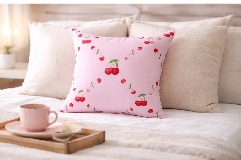 🍒 Pink Cherry Lattice Pattern Throw Pillow 🍒