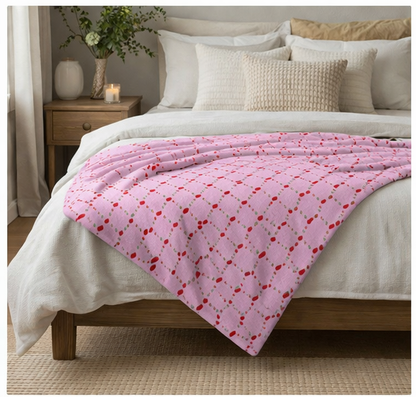 🍒 Pink Cherry Lattice Velveteen Blanket- Cute Cottagecore Throw for Couch, Bed or Cozy Nights 🍒