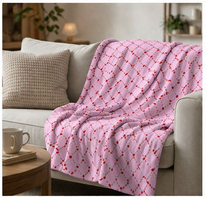 🍒 Pink Cherry Lattice Velveteen Blanket- Cute Cottagecore Throw for Couch, Bed or Cozy Nights 🍒