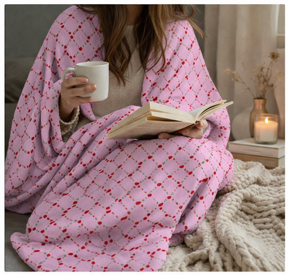 🍒 Pink Cherry Lattice Velveteen Blanket- Cute Cottagecore Throw for Couch, Bed or Cozy Nights 🍒
