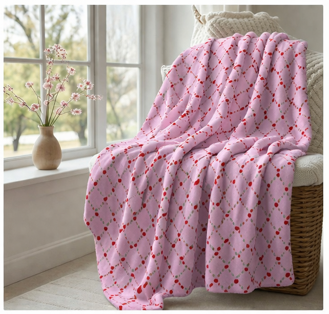 🍒 Pink Cherry Lattice Velveteen Blanket- Cute Cottagecore Throw for Couch, Bed or Cozy Nights 🍒
