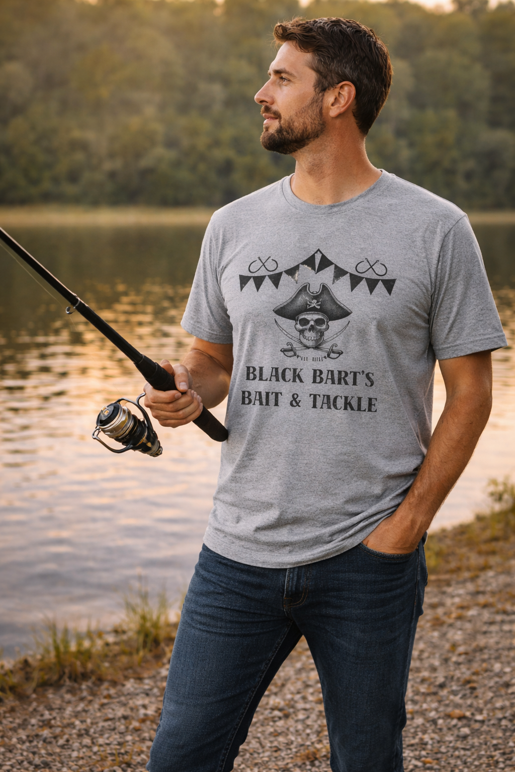 🏴‍☠️ Black Bart’s Bait & Tackle Tee – Vintage Pirate Fishing Shirt | Skull Graphic Angler Tee 🏴‍☠️