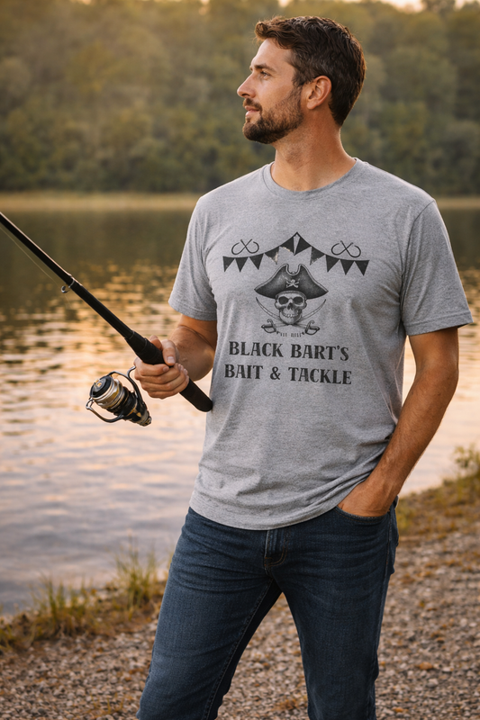 🏴‍☠️ Black Bart’s Bait & Tackle Tee – Vintage Pirate Fishing Shirt | Skull Graphic Angler Tee 🏴‍☠️