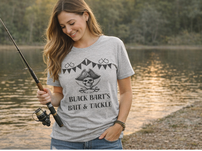 🏴‍☠️ Black Bart’s Bait & Tackle Tee – Vintage Pirate Fishing Shirt | Skull Graphic Angler Tee 🏴‍☠️