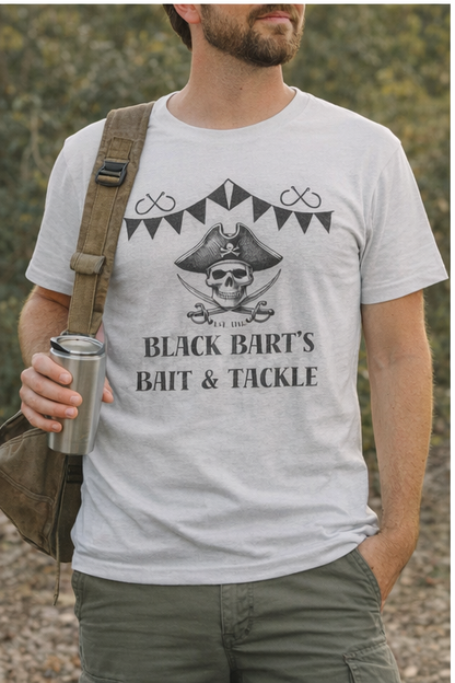 🏴‍☠️ Black Bart’s Bait & Tackle Tee – Vintage Pirate Fishing Shirt | Skull Graphic Angler Tee 🏴‍☠️