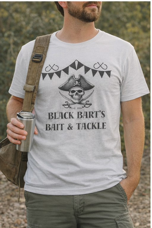 🏴‍☠️ Black Bart’s Bait & Tackle Tee – Vintage Pirate Fishing Shirt | Skull Graphic Angler Tee 🏴‍☠️