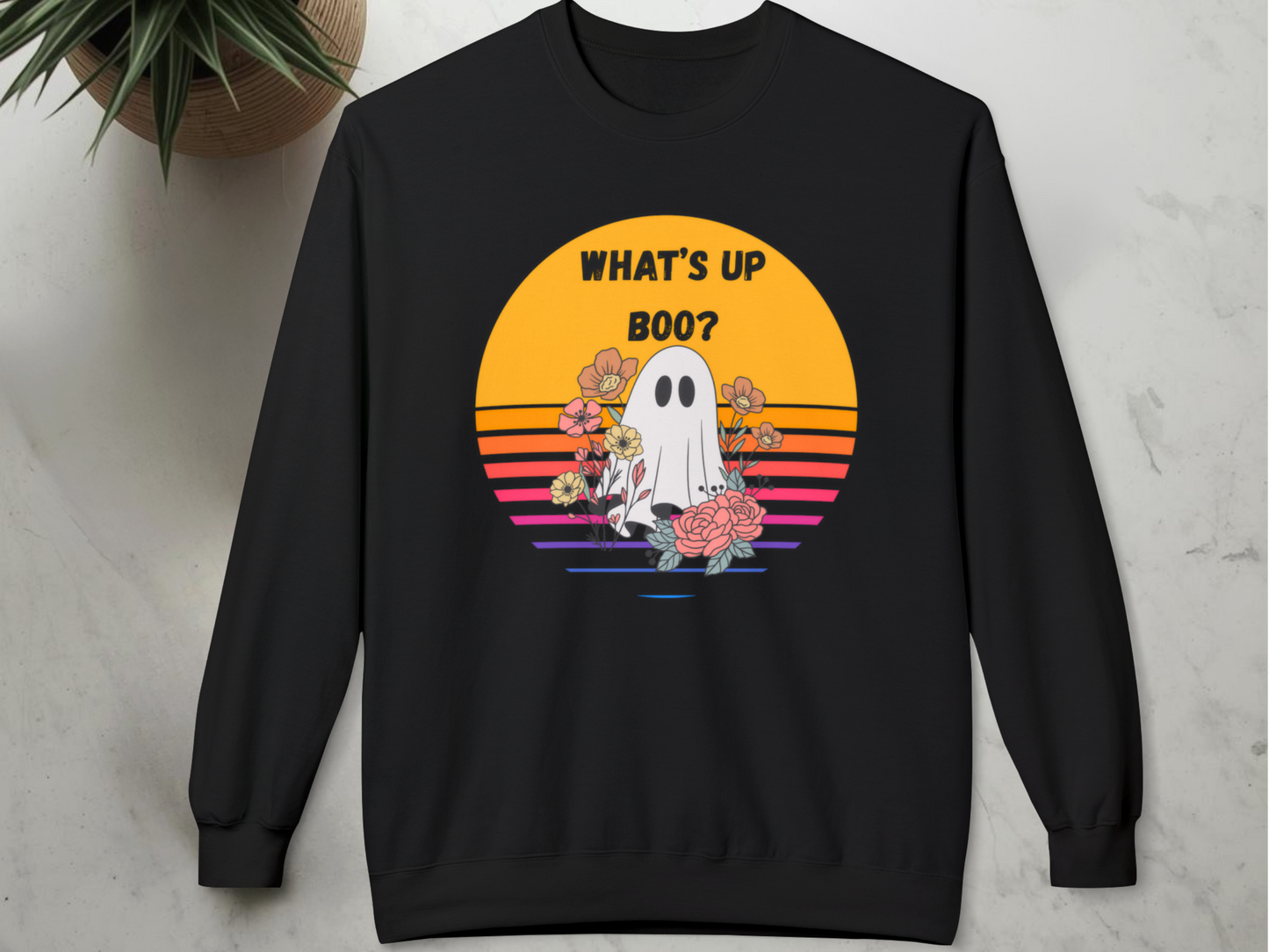 👻 What’s Up Boo Ghost Sweatshirt – Cozy Retro Halloween Crewneck, Cute Spooky Floral Pullover, Fall Aesthetic Sweatshirt 👻