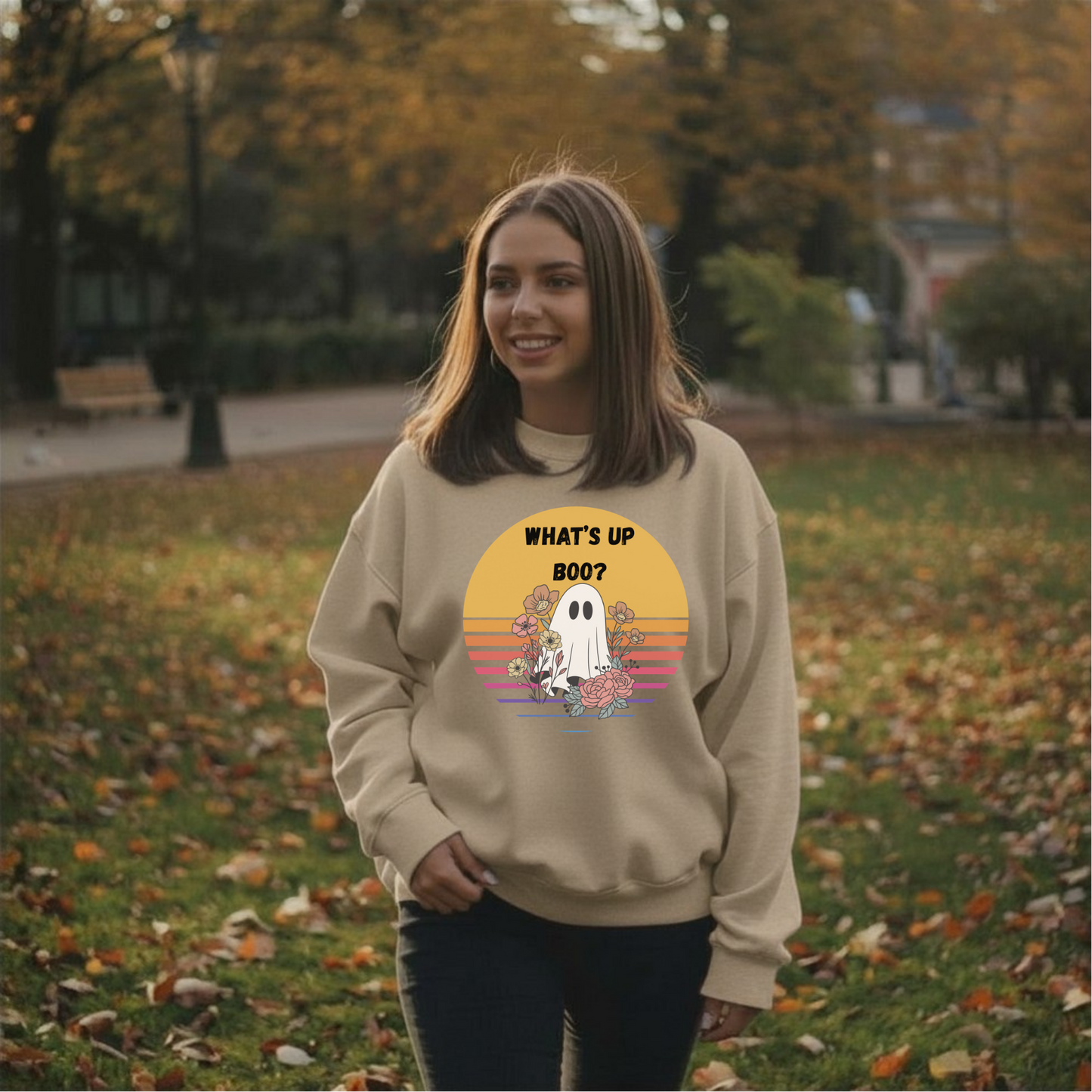 👻 What’s Up Boo Ghost Sweatshirt – Cozy Retro Halloween Crewneck, Cute Spooky Floral Pullover, Fall Aesthetic Sweatshirt 👻