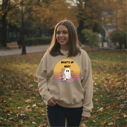 👻 What’s Up Boo Ghost Sweatshirt – Cozy Retro Halloween Crewneck, Cute Spooky Floral Pullover, Fall Aesthetic Sweatshirt 👻