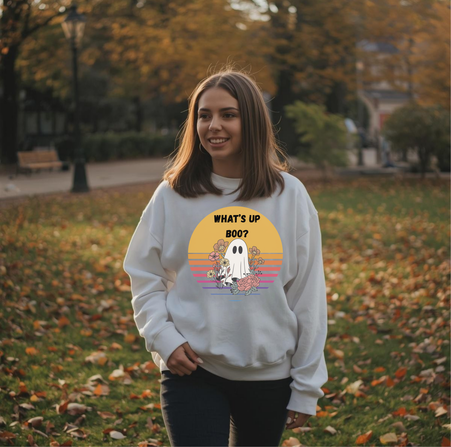 👻 What’s Up Boo Ghost Sweatshirt – Cozy Retro Halloween Crewneck, Cute Spooky Floral Pullover, Fall Aesthetic Sweatshirt 👻