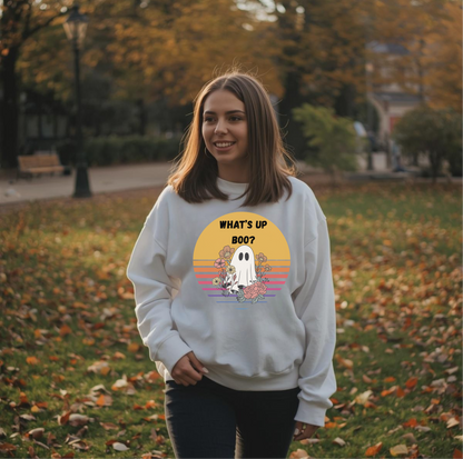 👻 What’s Up Boo Ghost Sweatshirt – Cozy Retro Halloween Crewneck, Cute Spooky Floral Pullover, Fall Aesthetic Sweatshirt 👻