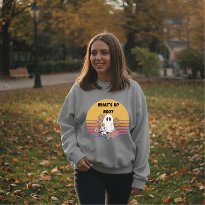 👻 What’s Up Boo Ghost Sweatshirt – Cozy Retro Halloween Crewneck, Cute Spooky Floral Pullover, Fall Aesthetic Sweatshirt 👻