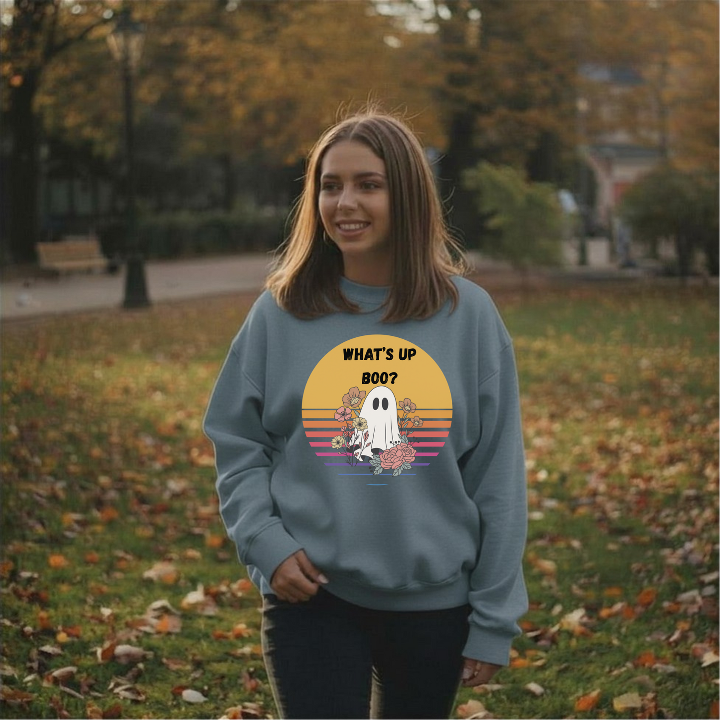 👻 What’s Up Boo Ghost Sweatshirt – Cozy Retro Halloween Crewneck, Cute Spooky Floral Pullover, Fall Aesthetic Sweatshirt 👻