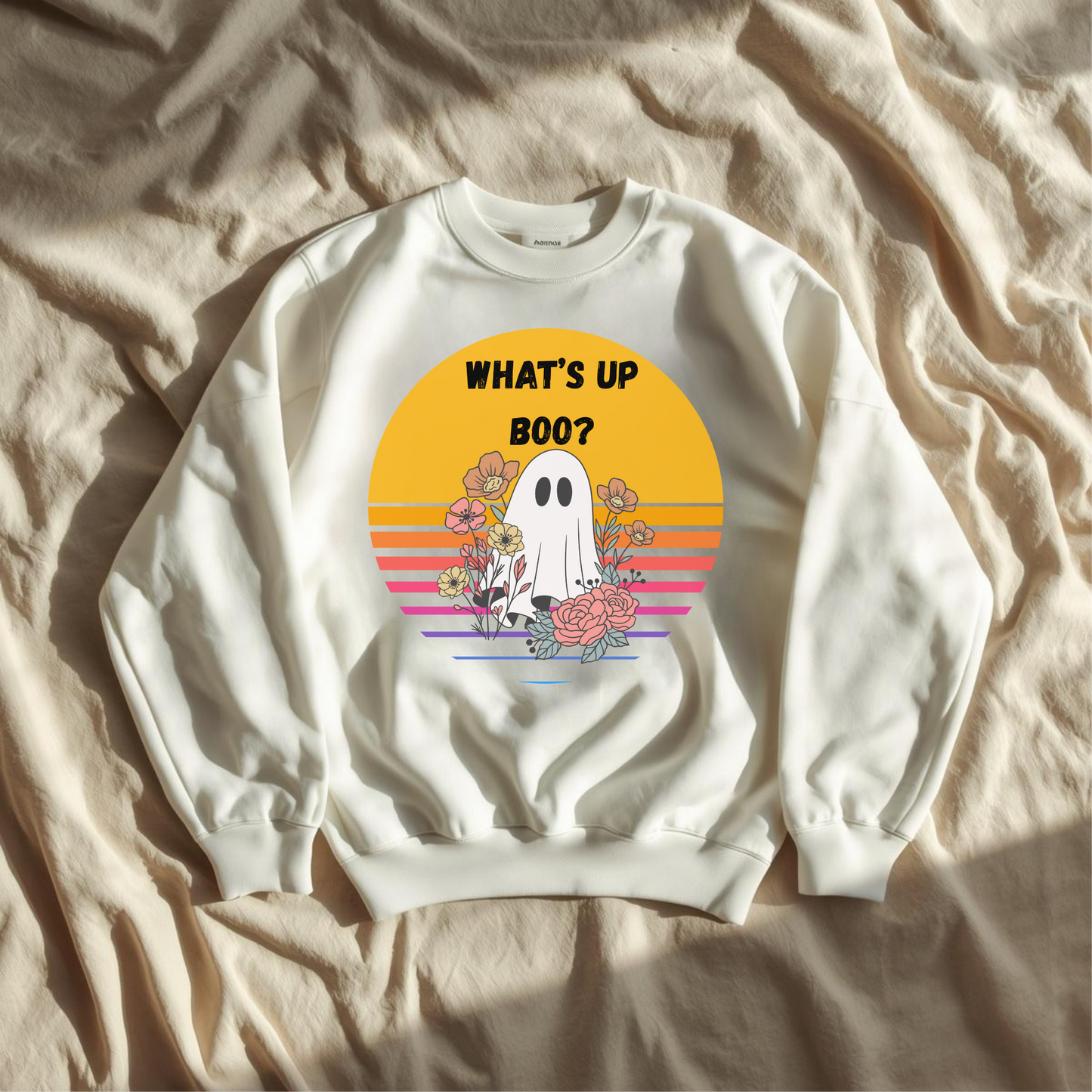 👻 What’s Up Boo Ghost Sweatshirt – Cozy Retro Halloween Crewneck, Cute Spooky Floral Pullover, Fall Aesthetic Sweatshirt 👻