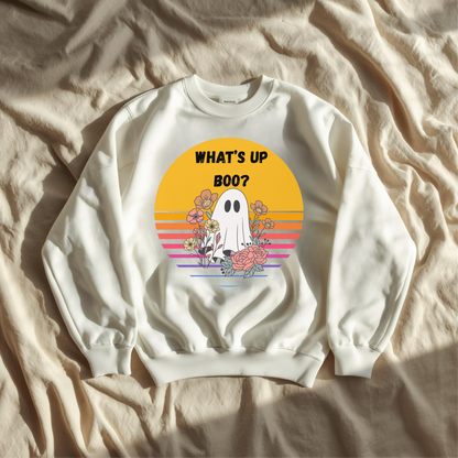 👻 What’s Up Boo Ghost Sweatshirt – Cozy Retro Halloween Crewneck, Cute Spooky Floral Pullover, Fall Aesthetic Sweatshirt 👻