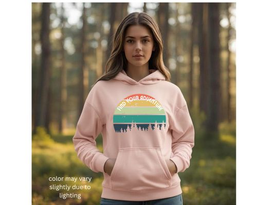 🌲 Find Your Adventure Hoodie | Retro Sunset Forest Silhouette 🌲