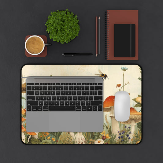 Vintage Mushroom Meadow Desk Mat | Cottagecore Floral Fungi Mousepad for Laptop, Keyboard or Creative Workspace