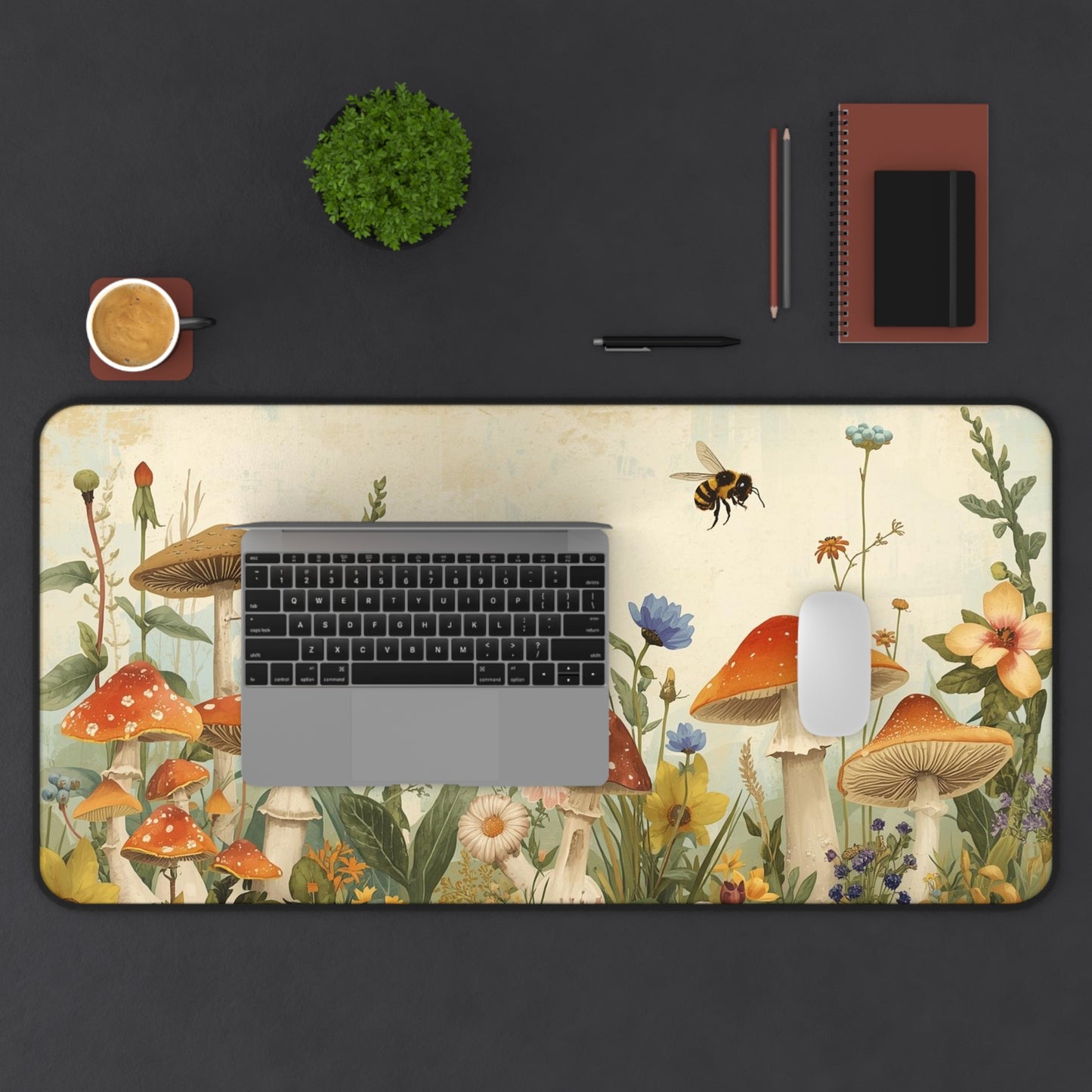 Vintage Mushroom Meadow Desk Mat | Cottagecore Floral Fungi Mousepad for Laptop, Keyboard or Creative Workspace