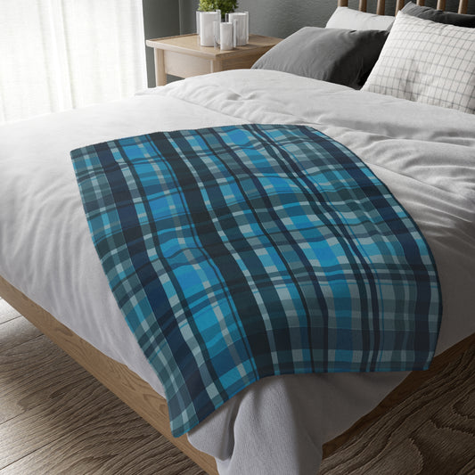 ✨ Blue Plaid Velveteen Blanket – Cozy Cabin Throw for Couch, Bed & Reading Nook | Soft Microfiber Plaid Blanket ✨