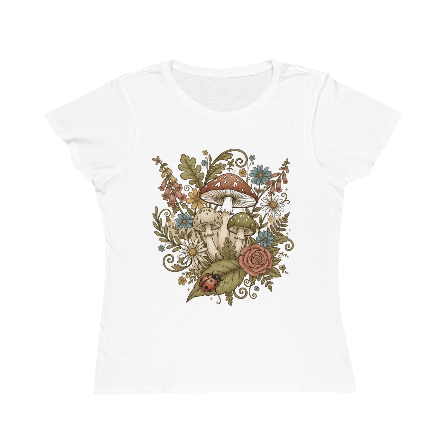 Mushroom Floral Illustration T-Shirt | Botanical Mushroom Art, Wildflower Garden Tee