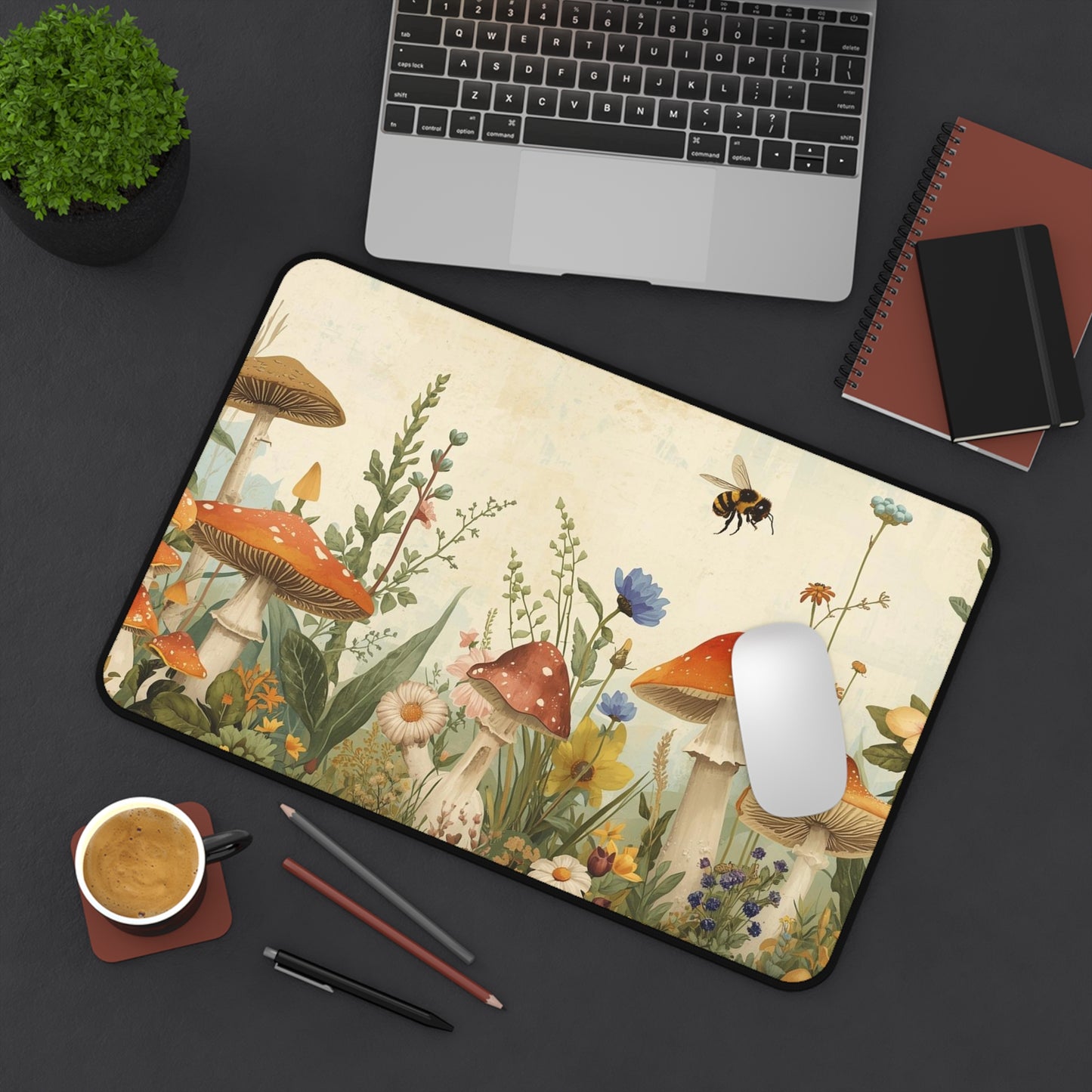Vintage Mushroom Meadow Desk Mat | Cottagecore Floral Fungi Mousepad for Laptop, Keyboard or Creative Workspace